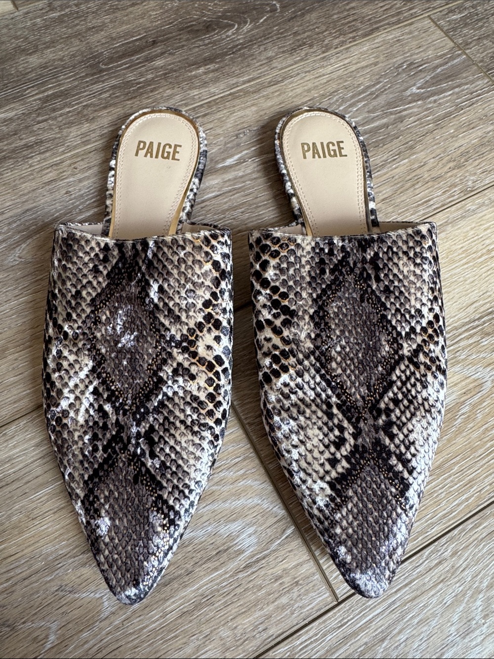 PAIGE Snake-Print Pointed Mules in Brown and Cream Sz 9